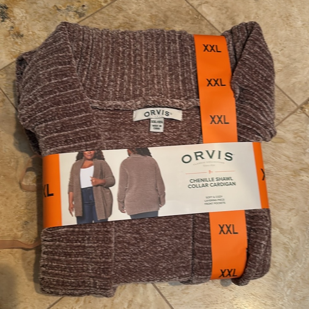 Orvis Chenille Shawl Collar Cardigan - Brown XXL  pockets - Picture 3 of 4